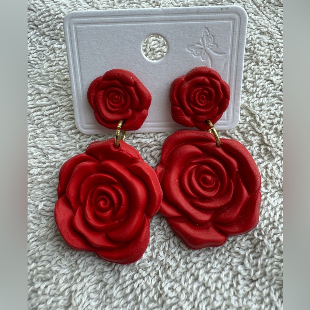 Handmade Clay Red Rose Earrings
